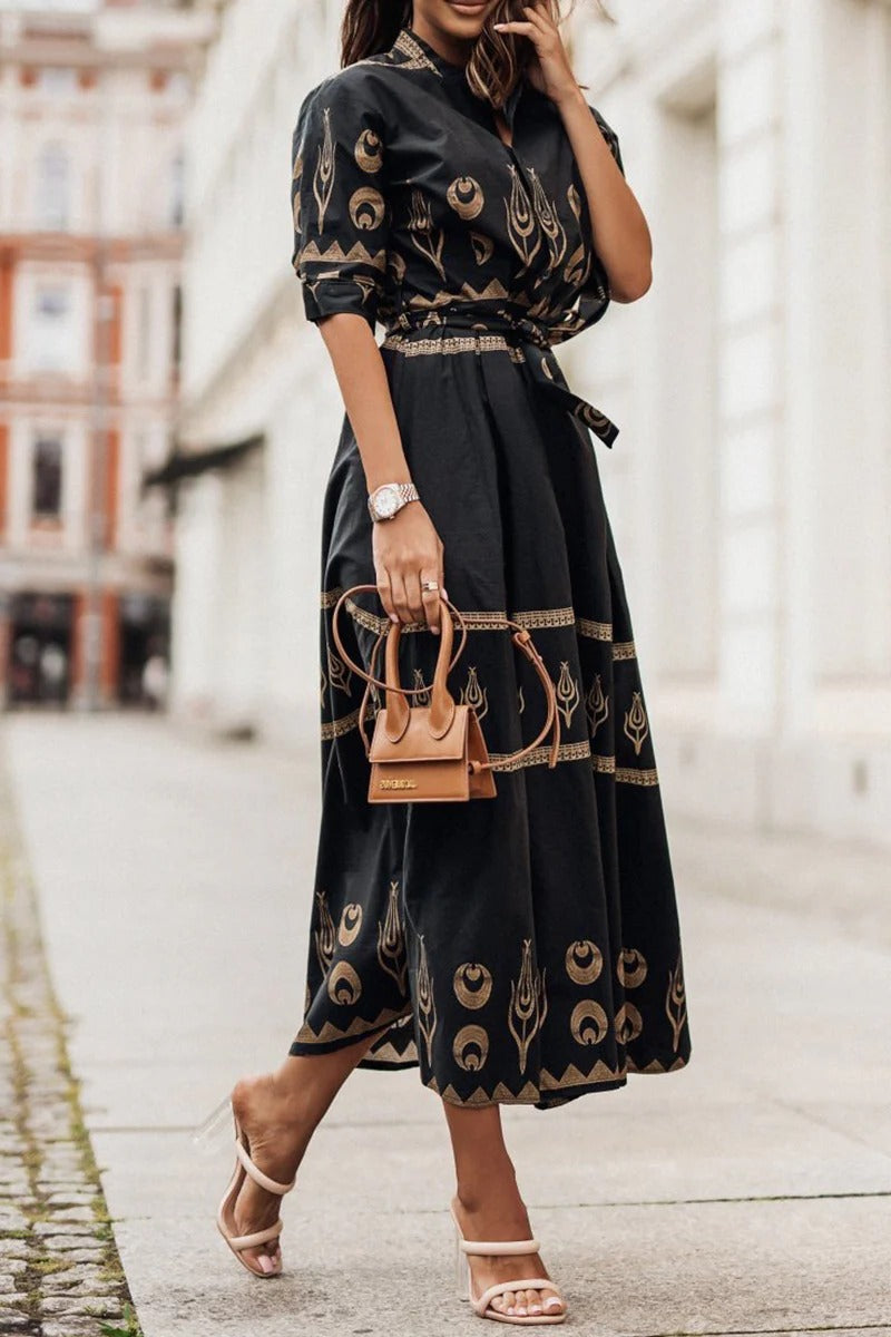 Women's boho printed belted long-sleeve midi dress | Alba Muse