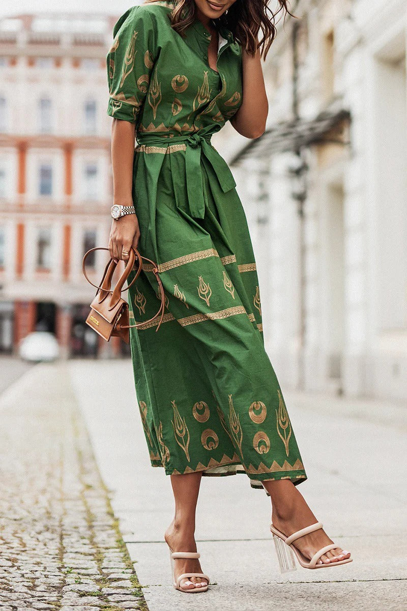 Printed belted midi dress women's boho long-sleeve style | Alba Muse