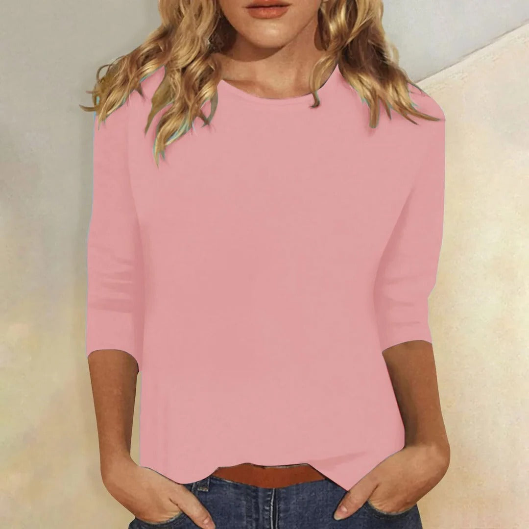 Pink crew neck 3/4 sleeve top, front view