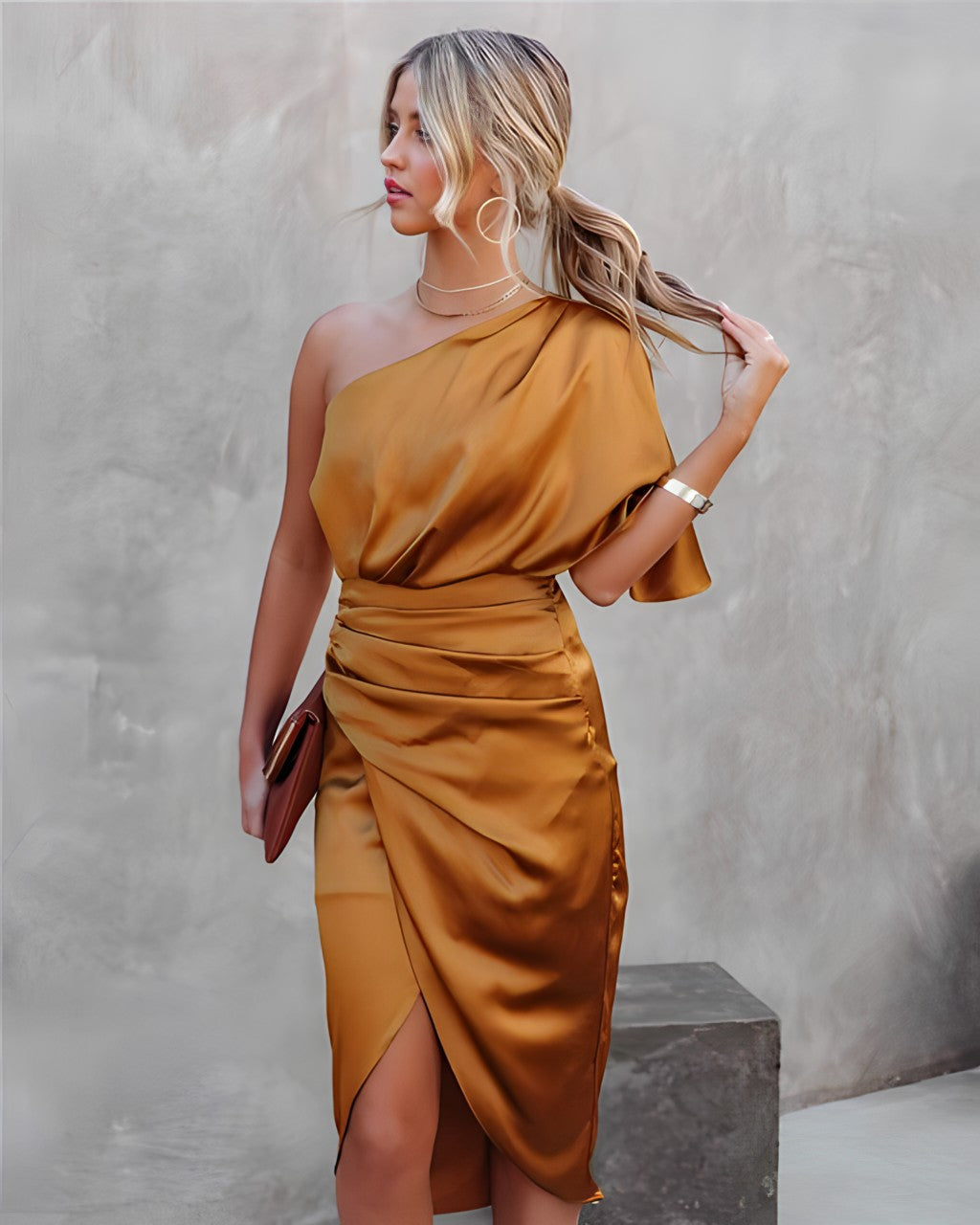 Women's one shoulder wrap dress detail shot satin fabric