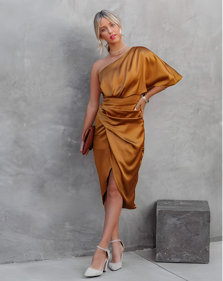 Women's elegant satin midi dress for wedding receptions