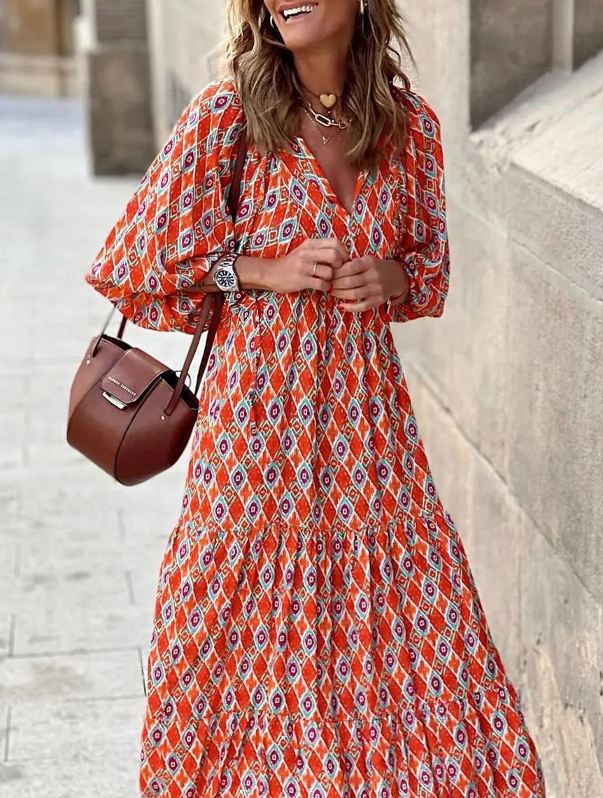 Women's ankle length floral puff sleeve maxi dress back view