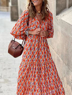 Women's ankle length floral puff sleeve maxi dress back view