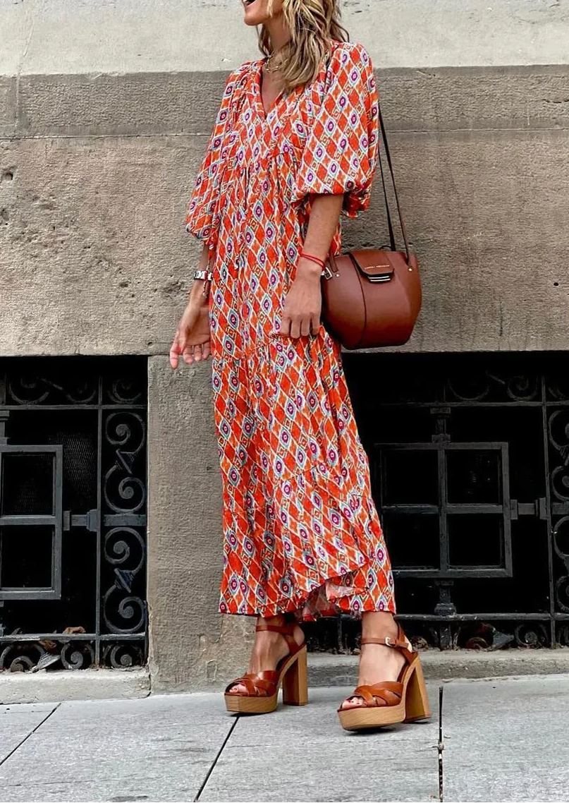Boho floral maxi dress ruffled hem detail