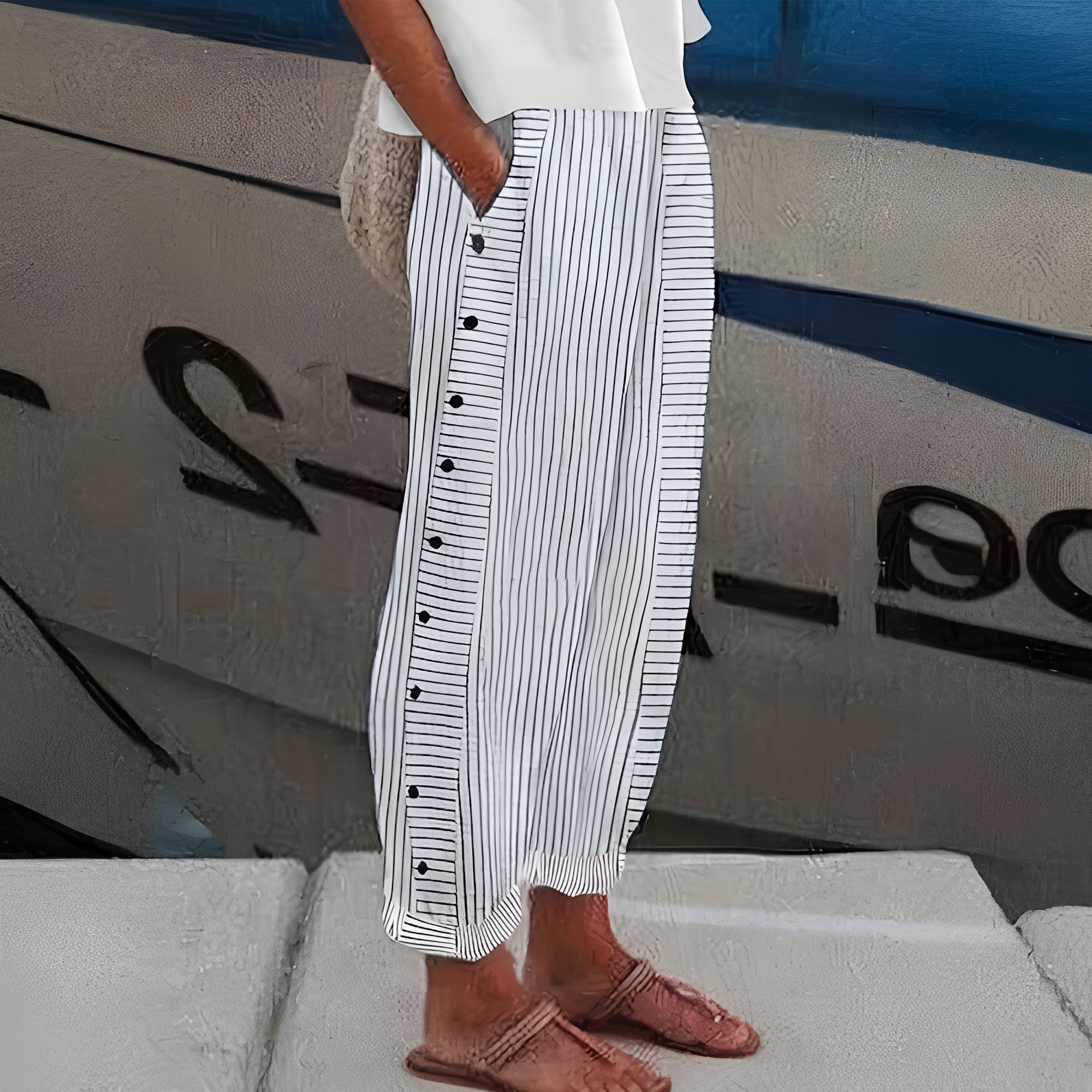 Women's stripe panel button detail trousers, back view