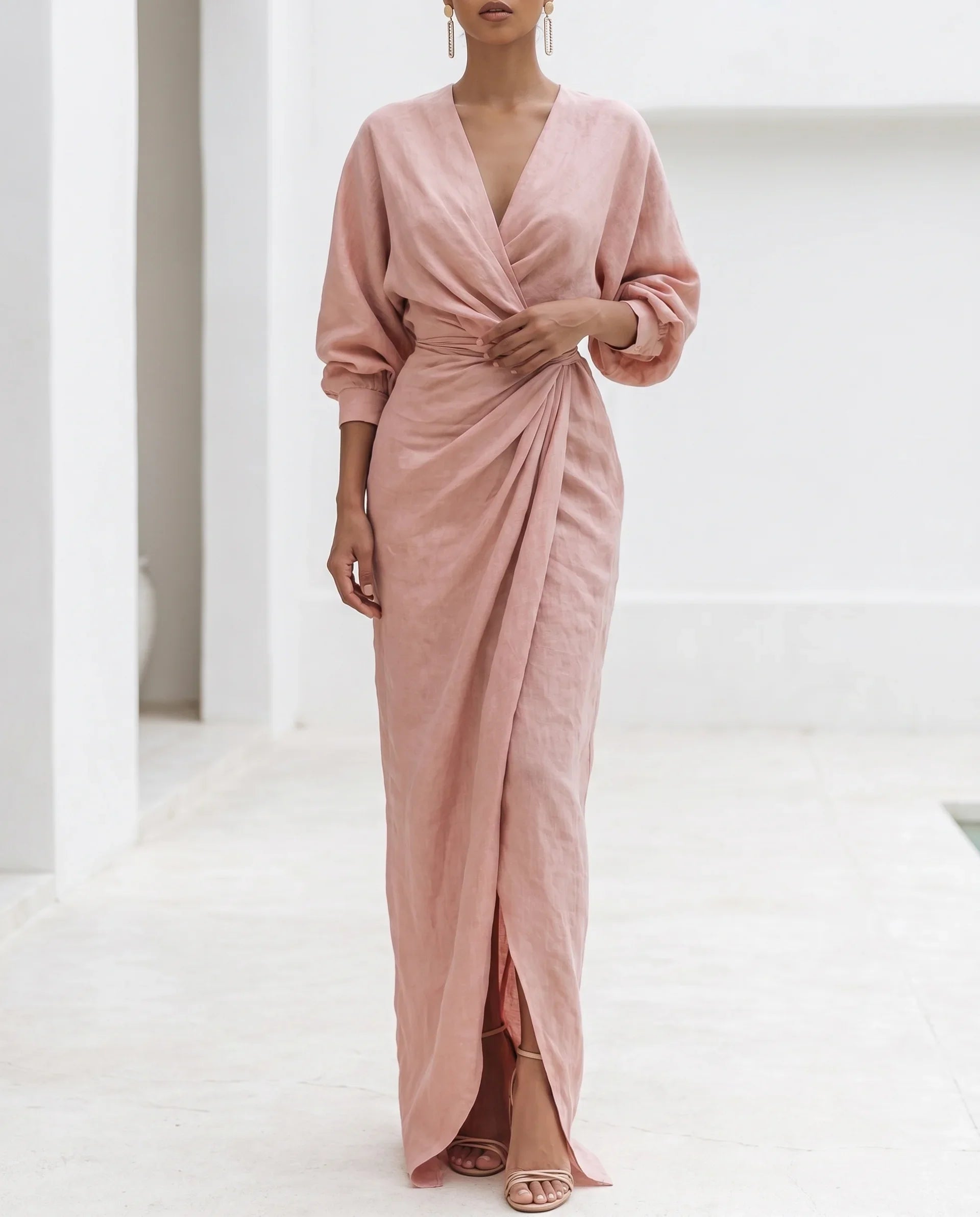 Wrap waist deep V-neck maxi dress on model | Alba Muse