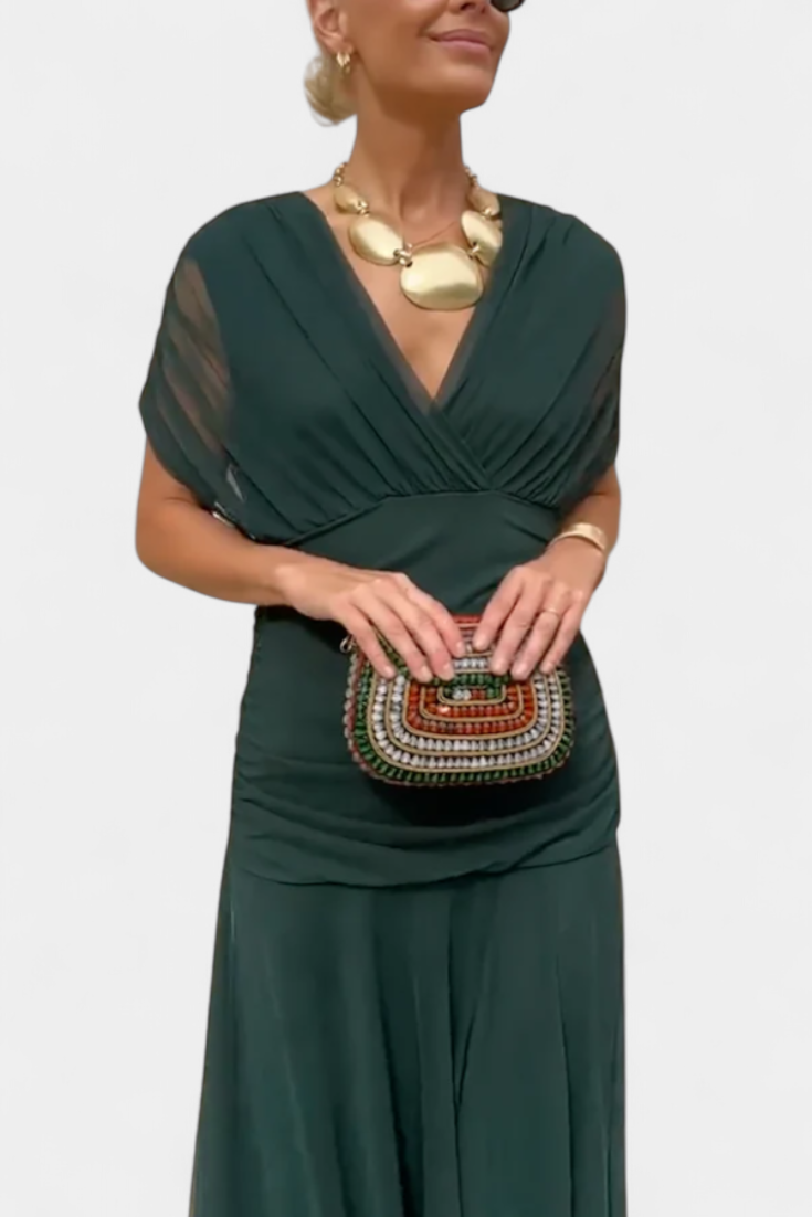 Dark green off shoulder chiffon maxi dress – women's twist knot V-neckline