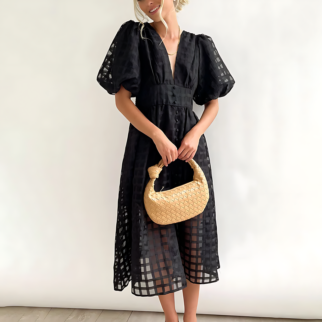 Women's square pattern midi dress with statement puff sleeves, side view