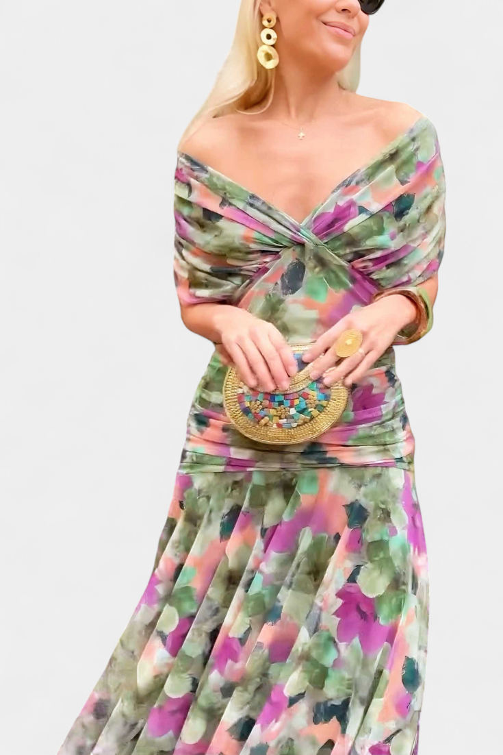 Floral chiffon off shoulder maxi dress – women's twist knot wedding guest