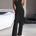 Black sleeveless occasion jumpsuit, front view