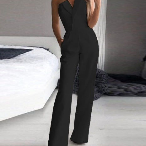 Black sleeveless occasion jumpsuit, front view