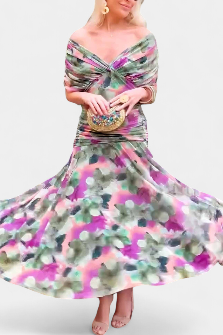 Women's off shoulder maxi dress in floral – ruched waist movement shot
