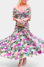 Women's off shoulder maxi dress in floral – ruched waist movement shot