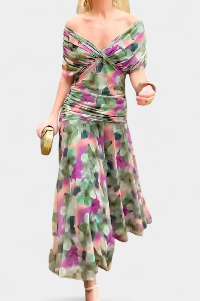 Floral chiffon off shoulder maxi dress – women's twist knot wedding guest