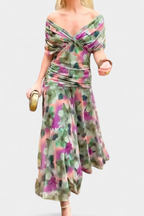 Floral chiffon off shoulder maxi dress – women's twist knot wedding guest