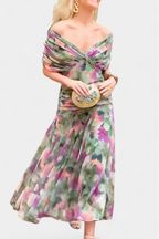 Floral chiffon off shoulder maxi dress – women's twist knot wedding guest
