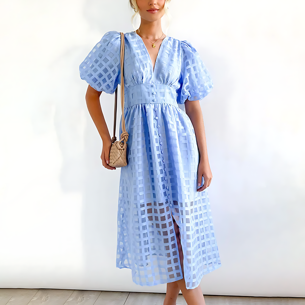 Women's elegant puff sleeve midi dress, full-length silhouette view