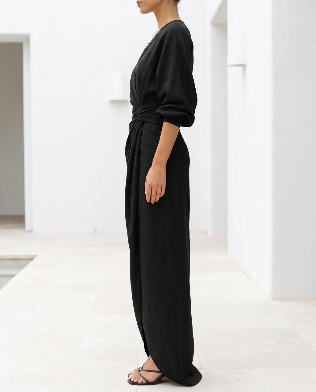 Wrap Waist Deep V-Neck Maxi Dress