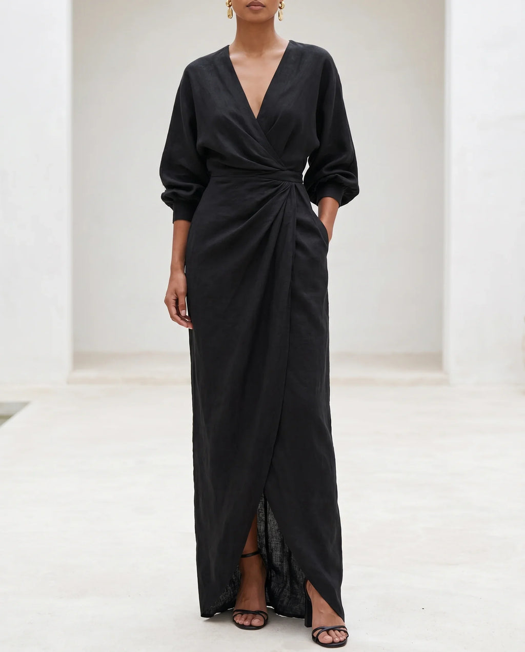 Wrap Waist Deep V-Neck Maxi Dress