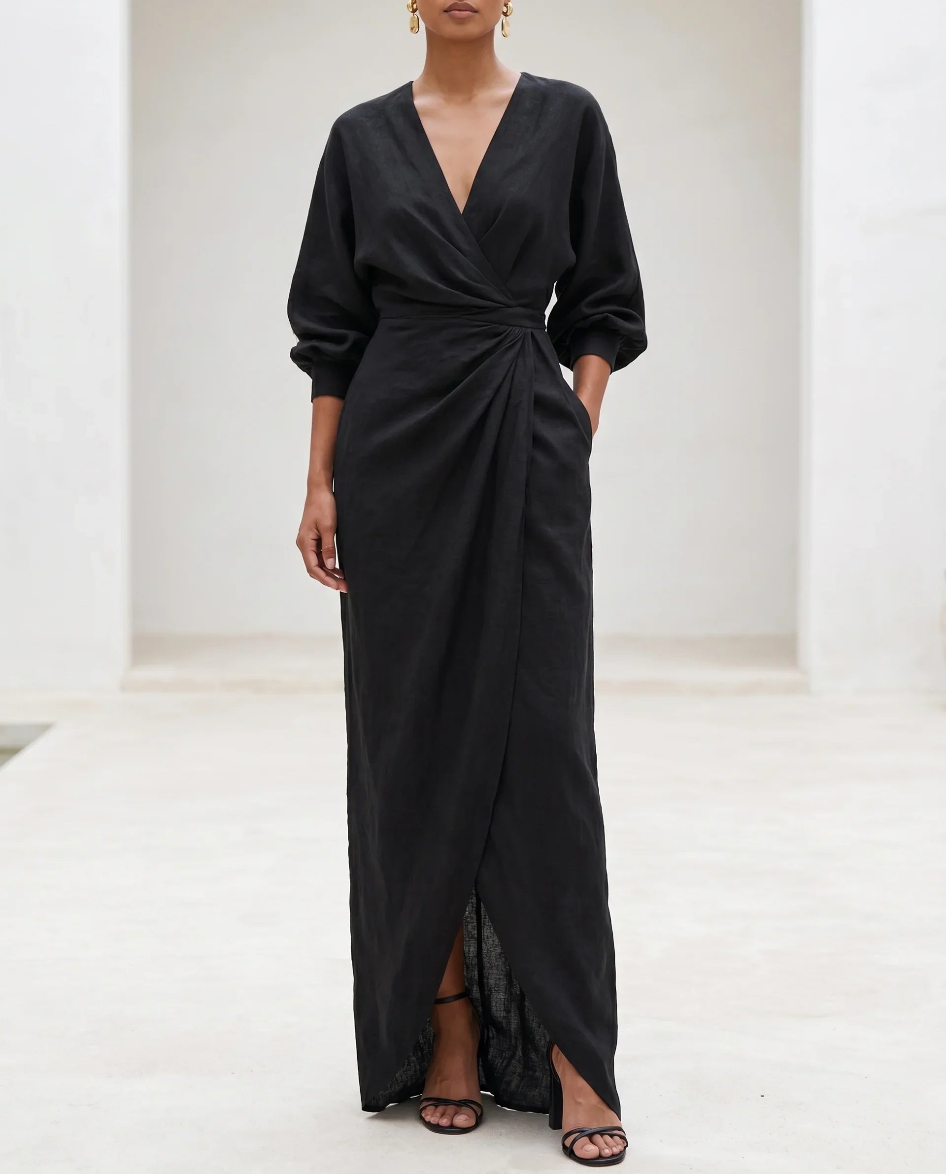 Wrap Waist Deep V-Neck Maxi Dress
