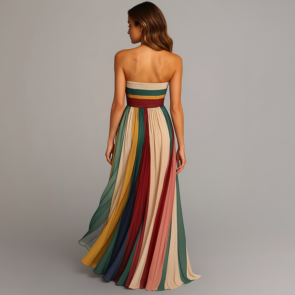 Strapless structured bodice pleated maxi dress – skirt detail