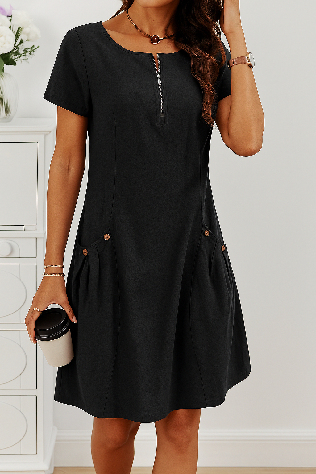 Women's Button Detail Mini Dress with Pockets styled look - Casual Party Mini Dress