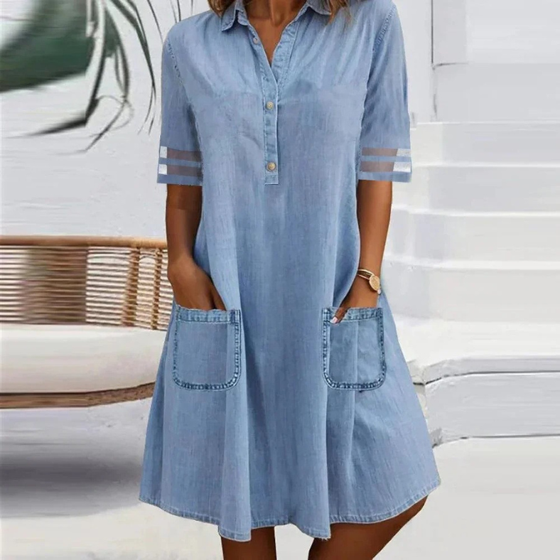 Casual denim mini dress in blue, front view