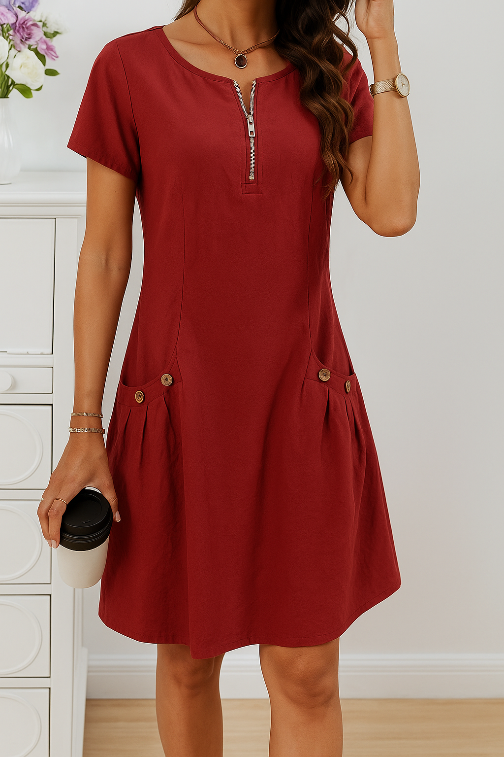 Women's Button Detail Mini Dress with Pockets full length - Casual Party Mini Dress