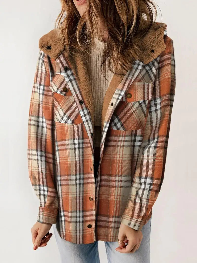 Orange plaid hooded jacket, autumn casual outerwear | Alba Muse