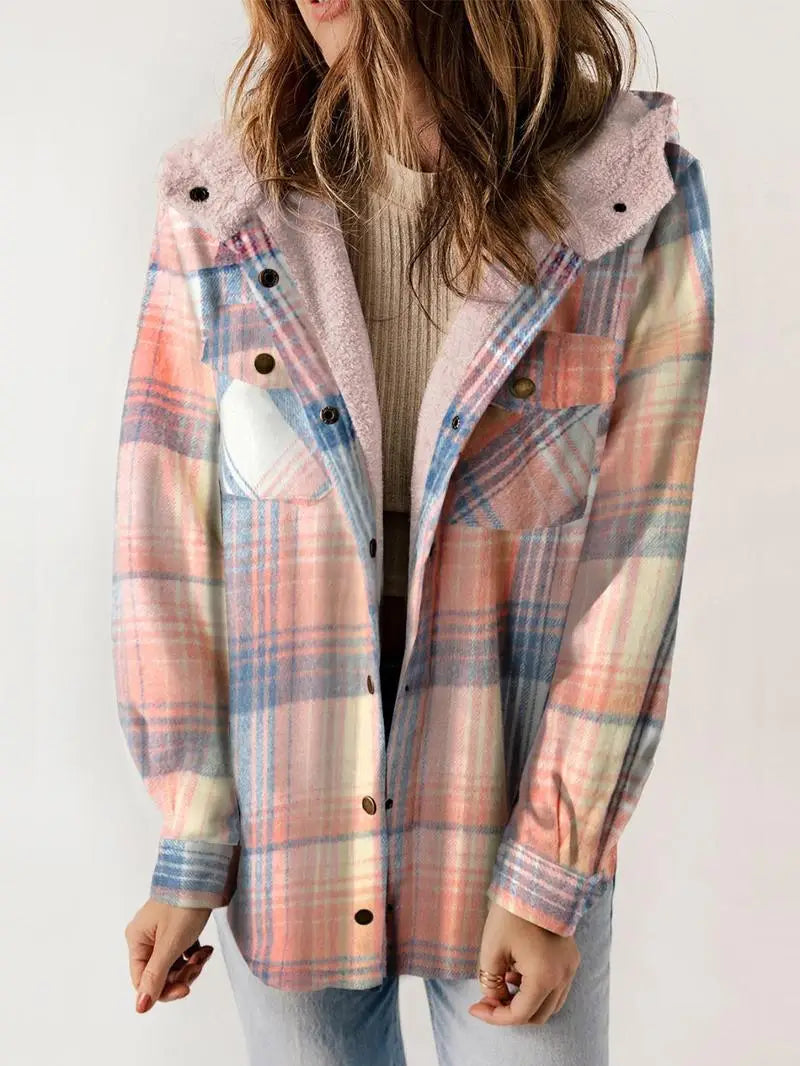 Women's fleece jacket with classic plaid pattern and hood | Alba Muse