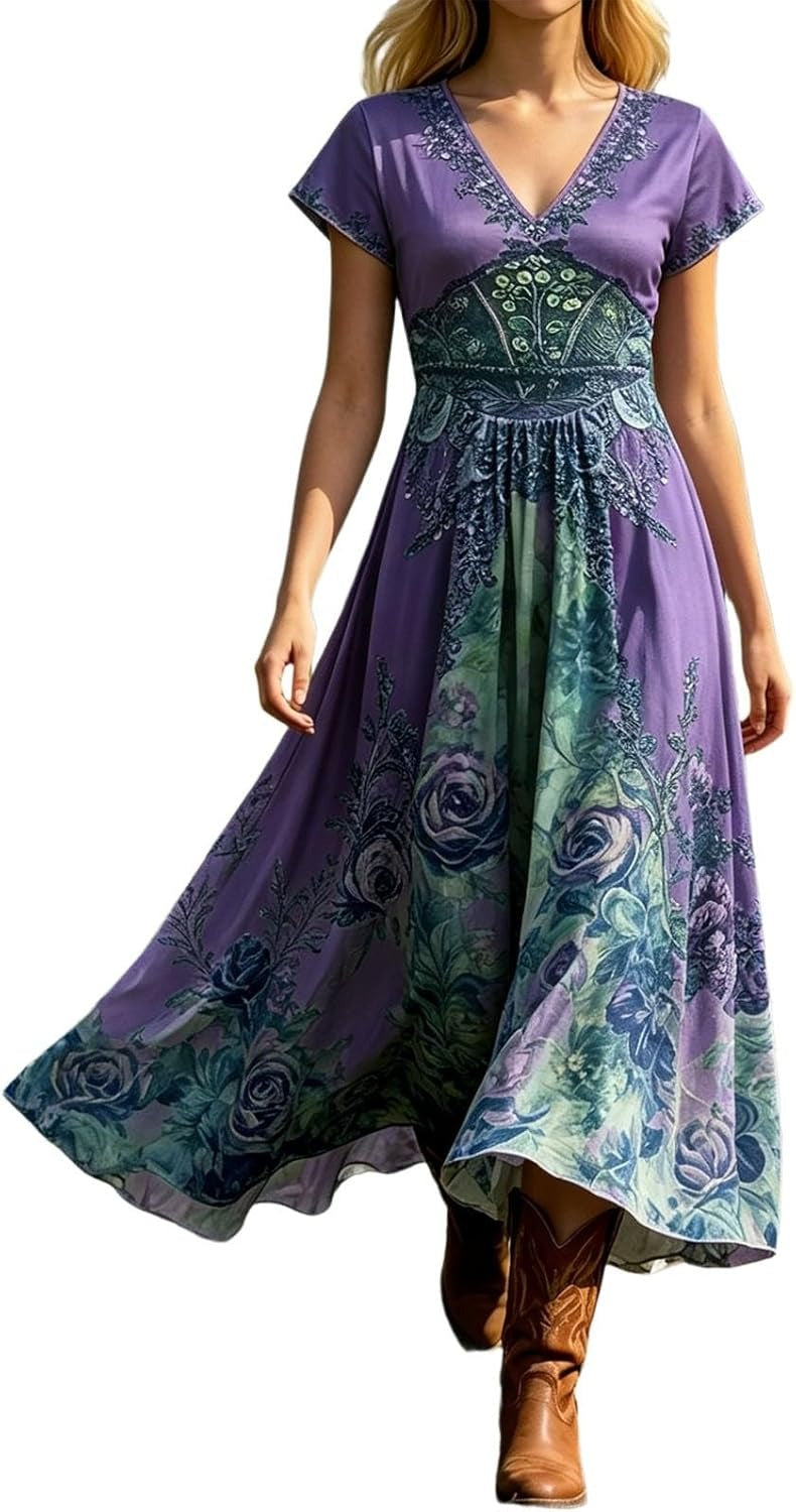 Purple floral V-neck maxi dress, front view