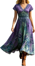 Purple floral V-neck maxi dress, front view