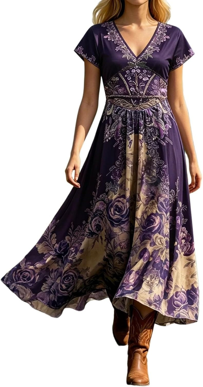 Purple floral V-neck maxi dress
