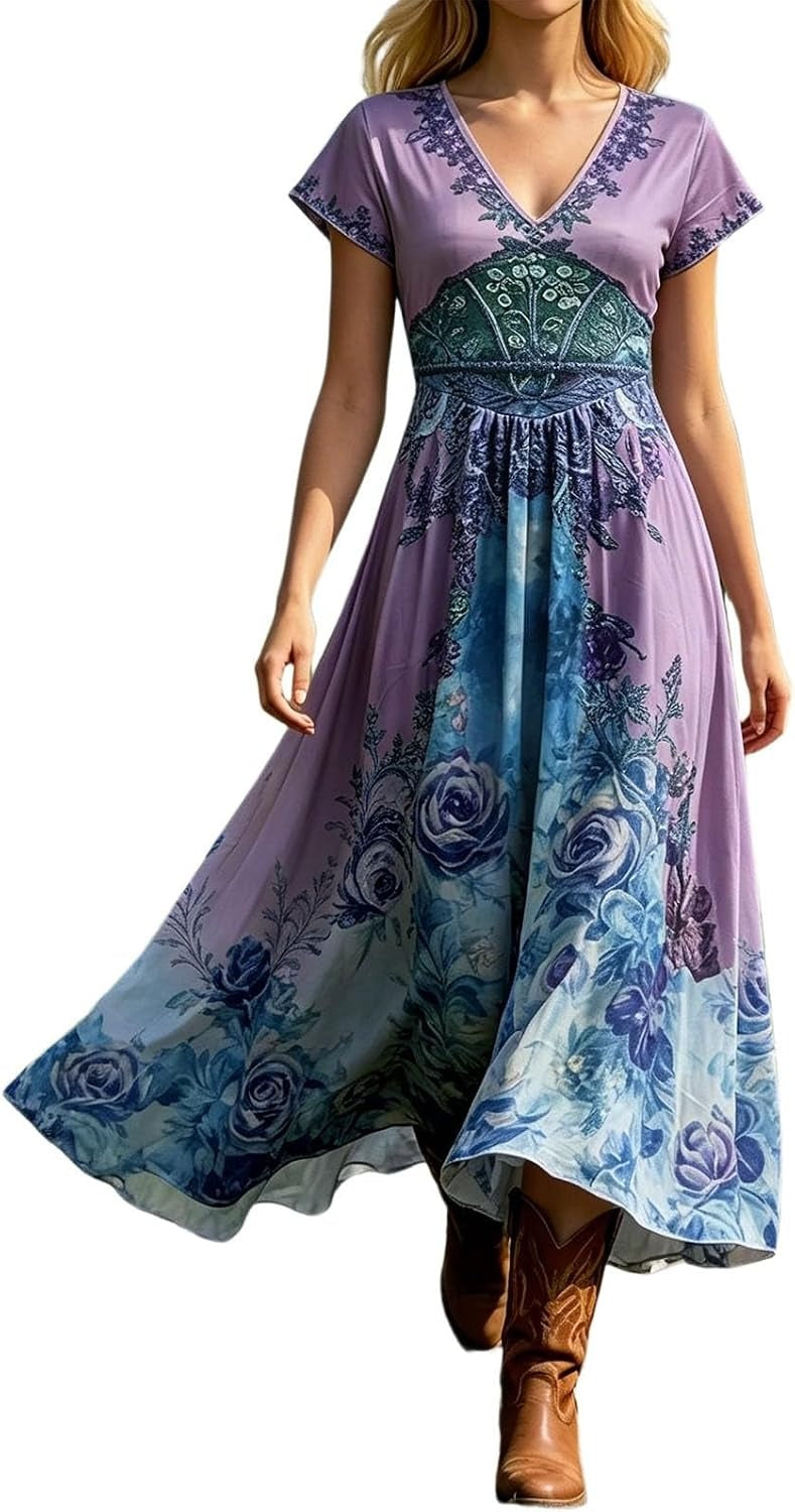 Purple floral V-neck maxi dress
