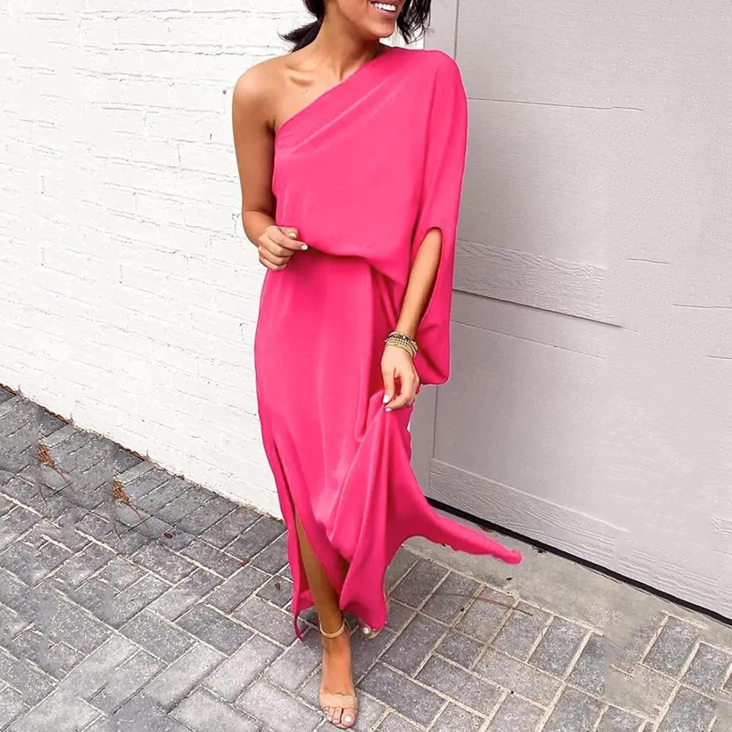 Maxi wedding guest dress with one shoulder in purple, front view