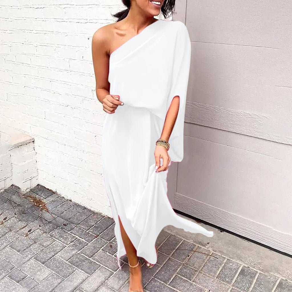 Maxi wedding guest dress with one shoulder in pink, front view