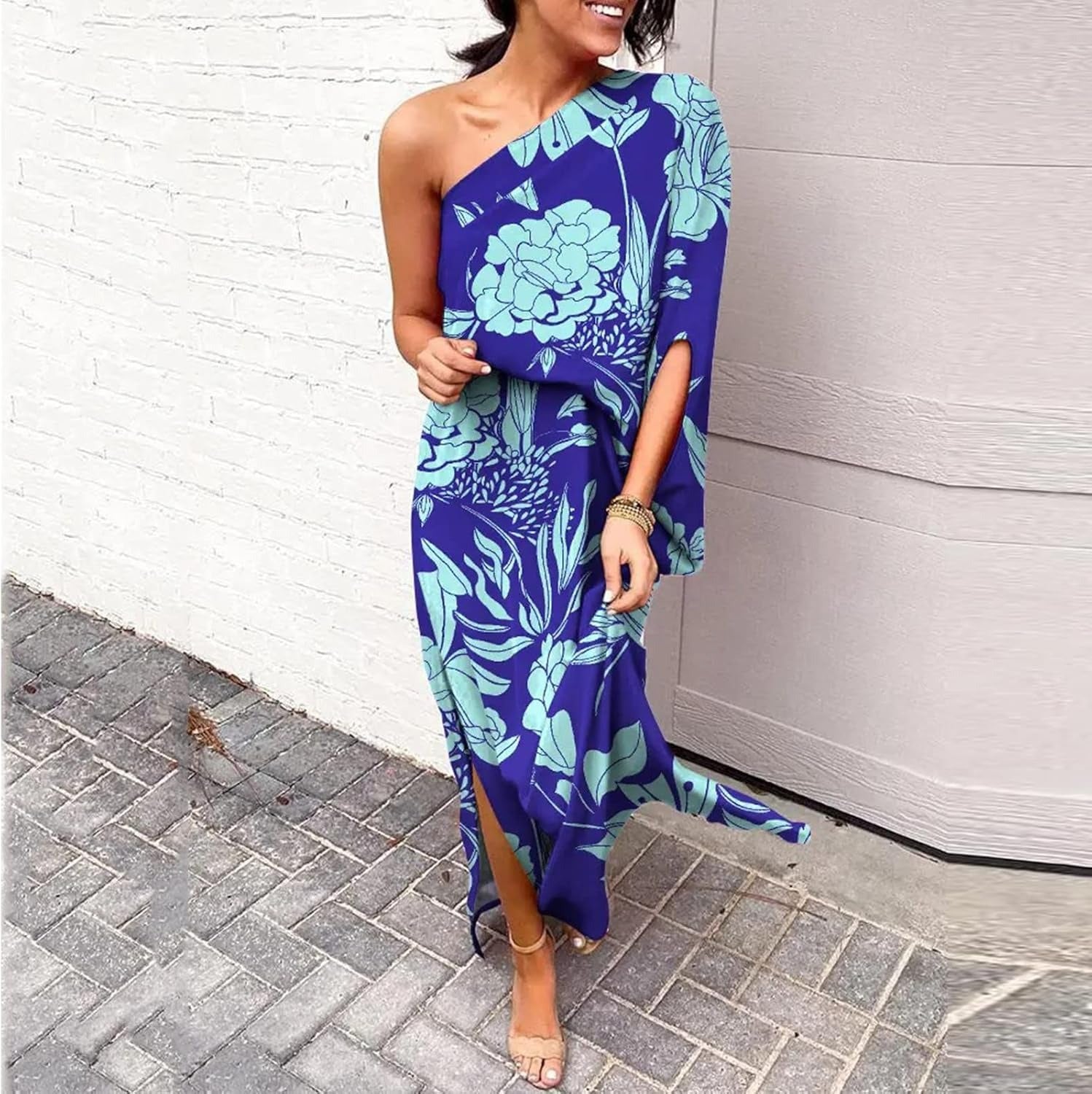 Maxi wedding guest dress with one shoulder, side view