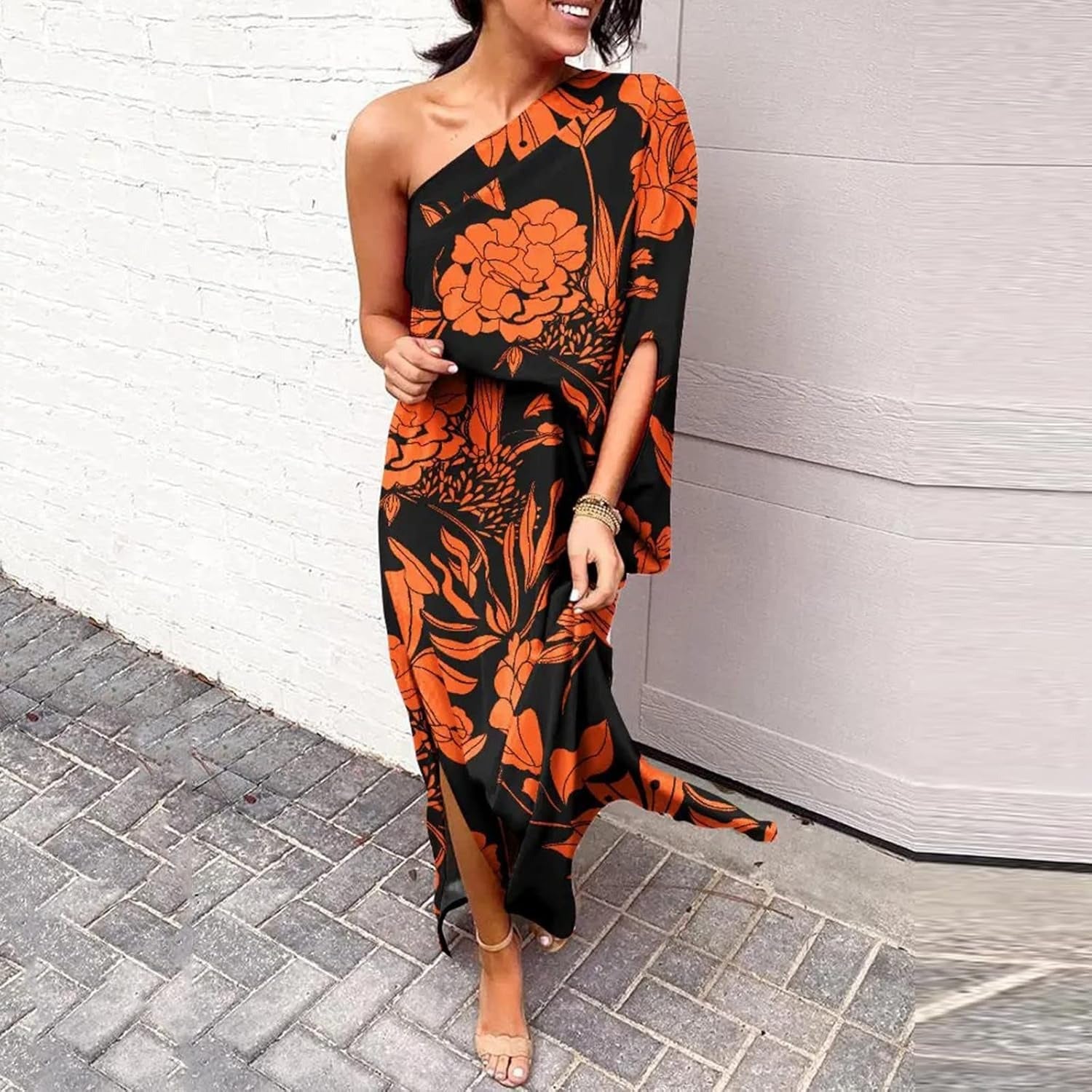 Maxi wedding guest dress with one shoulder in orange, front view