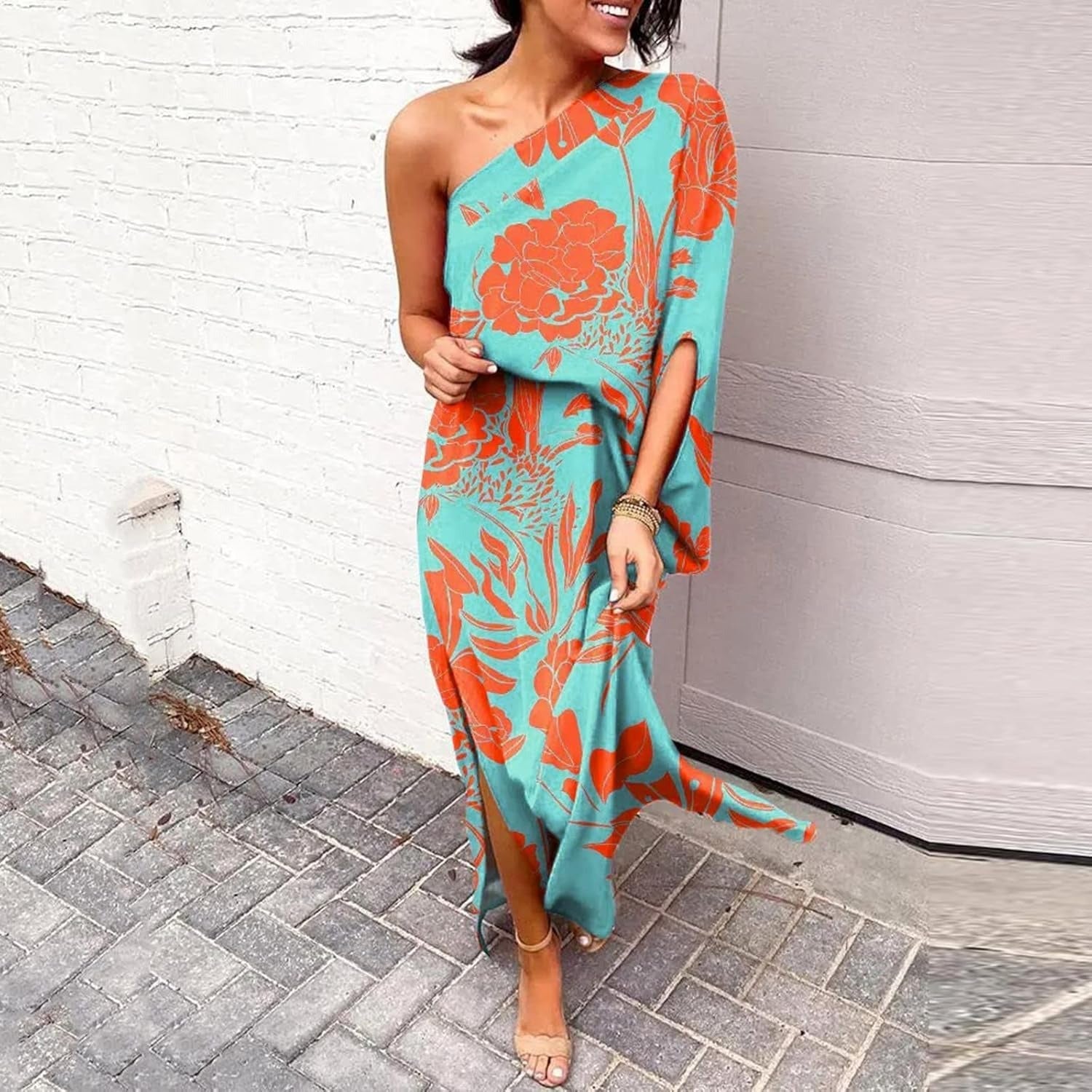 Maxi wedding guest dress with one shoulder, lifestyle view