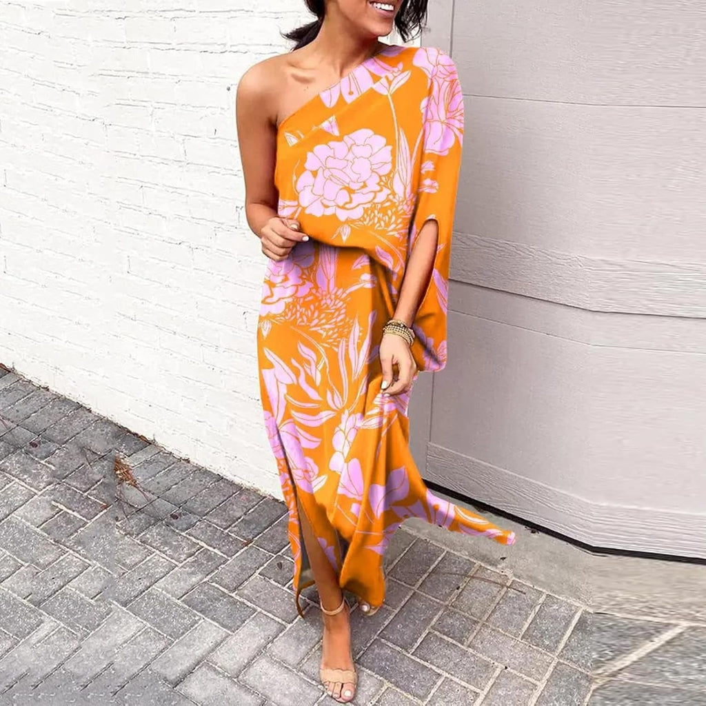 Maxi wedding guest dress with one shoulder, back view
