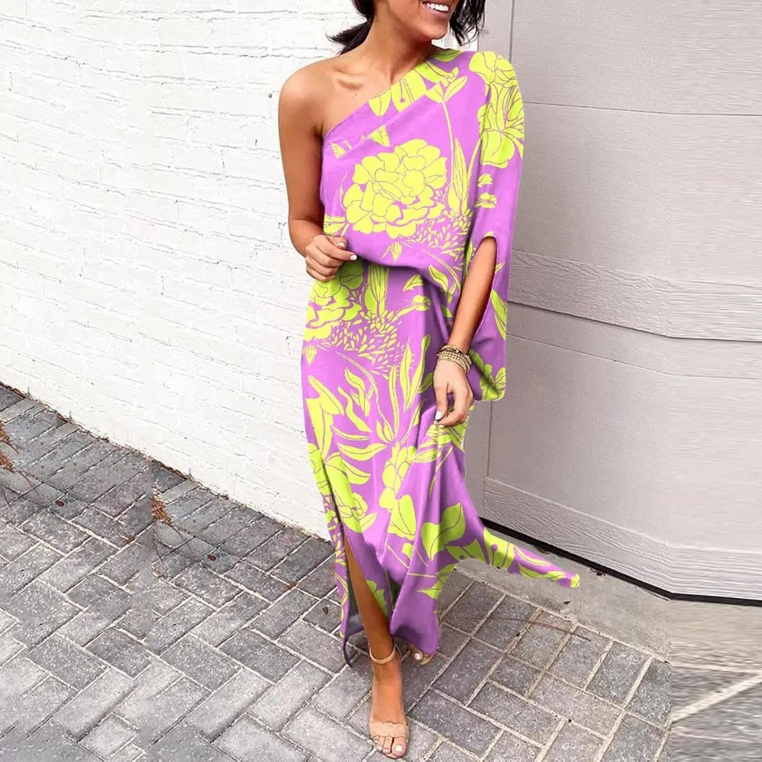 Maxi wedding guest dress with one shoulder in black, front view