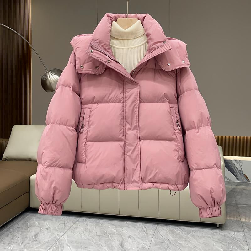 High neck quilted hooded puffer jacket with a high neck design