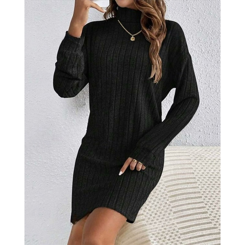 Light Grey Ribbed Roll Neck Mini Dress