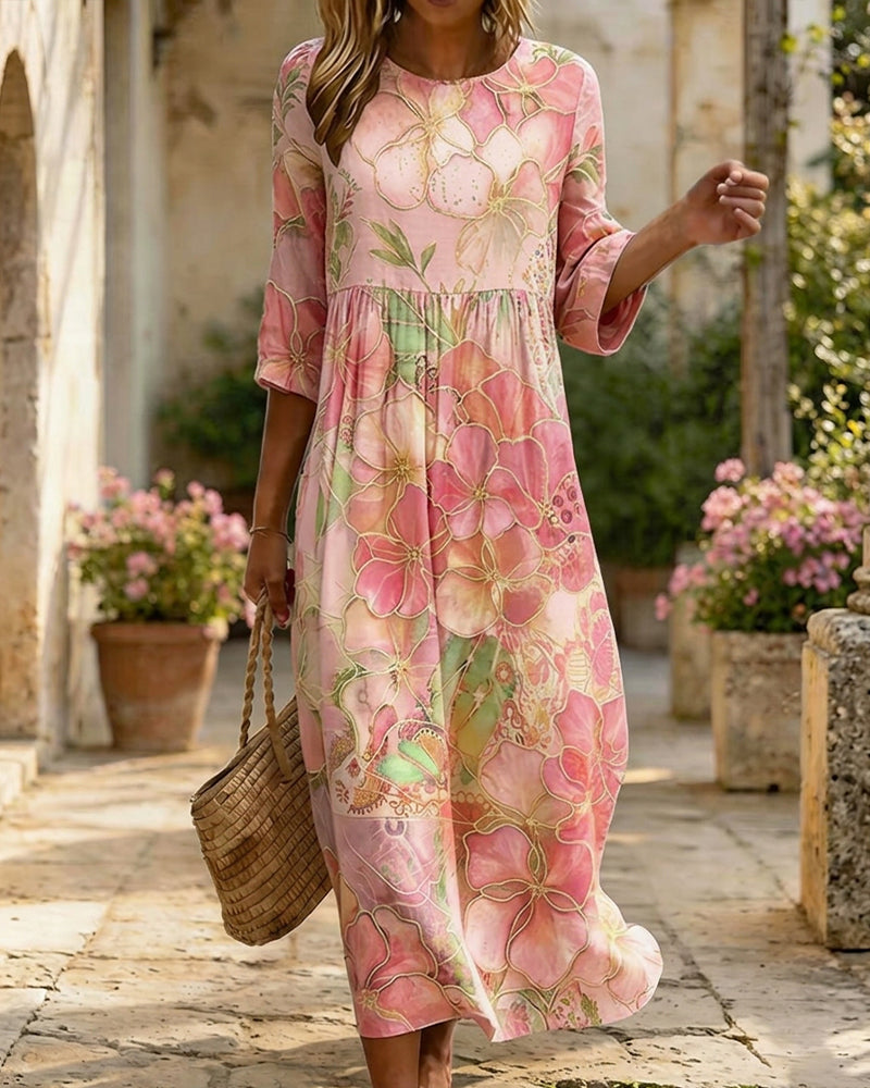 Watercolour floral three quarter sleeve maxi dress in pink, front view