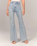 Light blue high-waisted flare denim jeans, front view