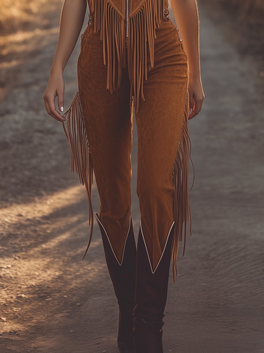 Brown Suede Fringe Vest Jumpsuit with Zip-Up Front