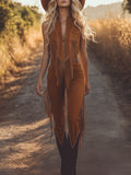 Brown suede fringe vest jumpsuit, front view