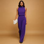 Women's purple halter neck wide leg jumpsuit – flowing wide leg silhouette