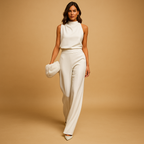 White halter neck wide leg jumpsuit – women's high waist occasion wear