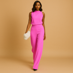 Hot pink sleeveless wide leg jumpsuit for women – halter neck bow detail